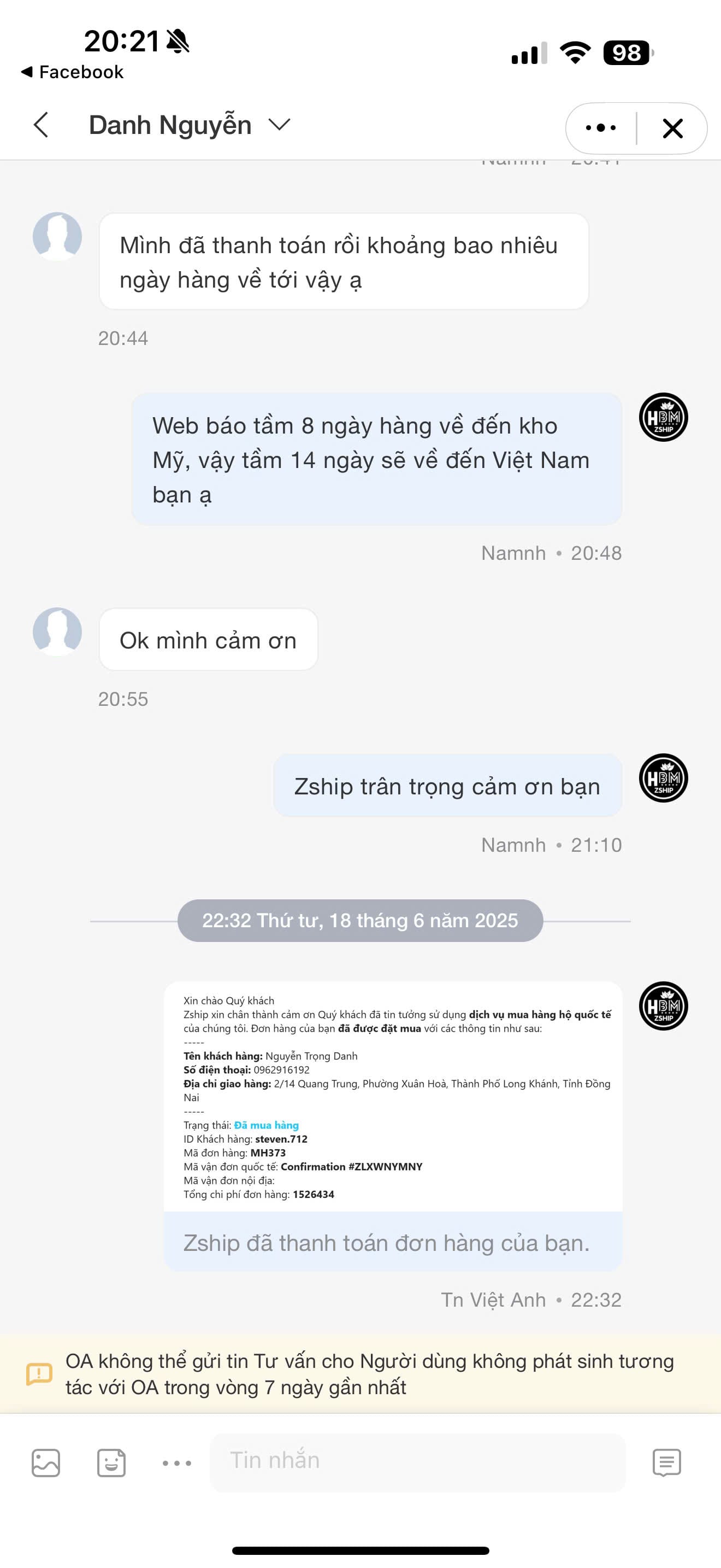 Đánh Giá Dịch Vụ Order 11 Review về dịch vụ của Zship Logistics