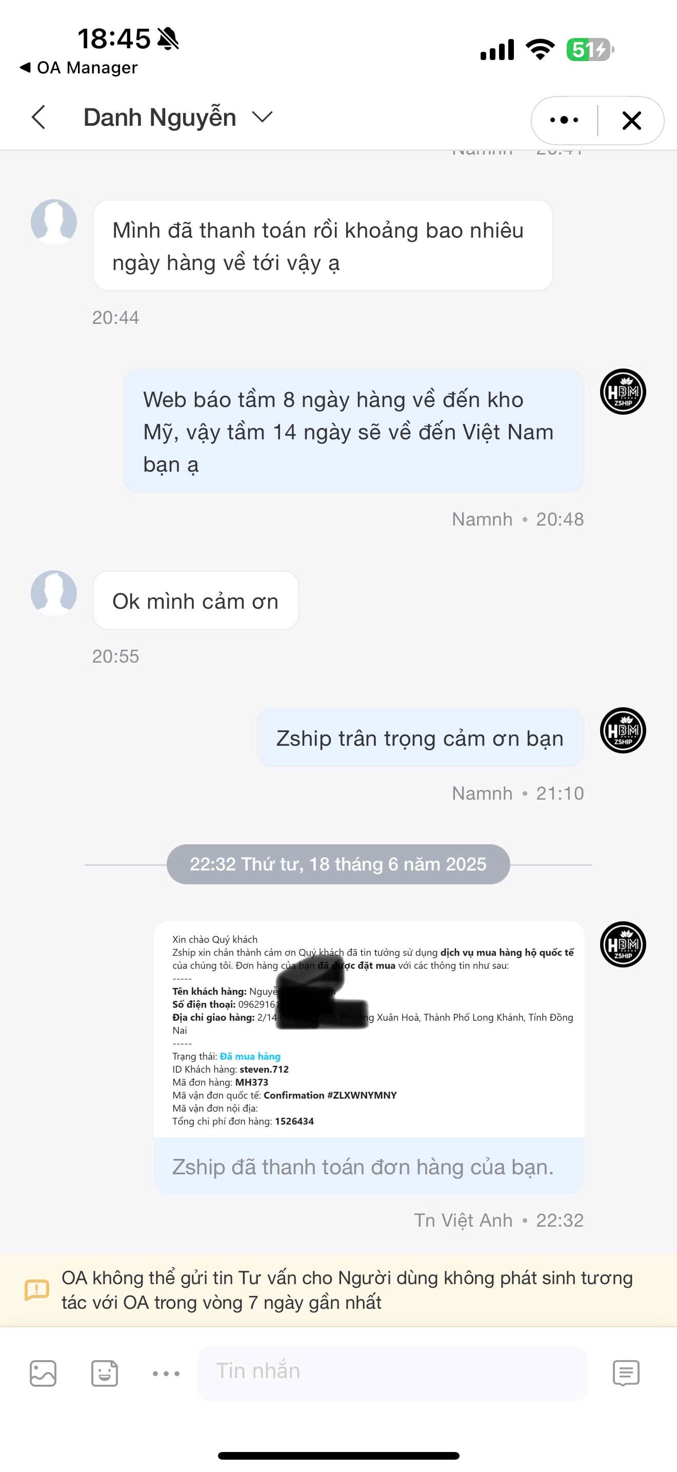 Đánh Giá Dịch Vụ Order 52 Review về dịch vụ của Zship Logistics